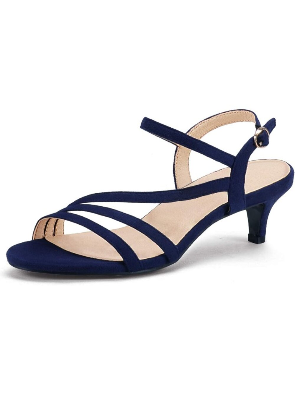 Women's Blue Suede Low Kitten Heels Open Toe Heel Buckle Ankle Strap Sandals